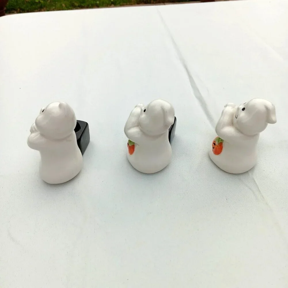 VTG 90s Halloween Candle Holders BOO Ghosts Ceramic Retro Fall Decor Set‎ Lot of